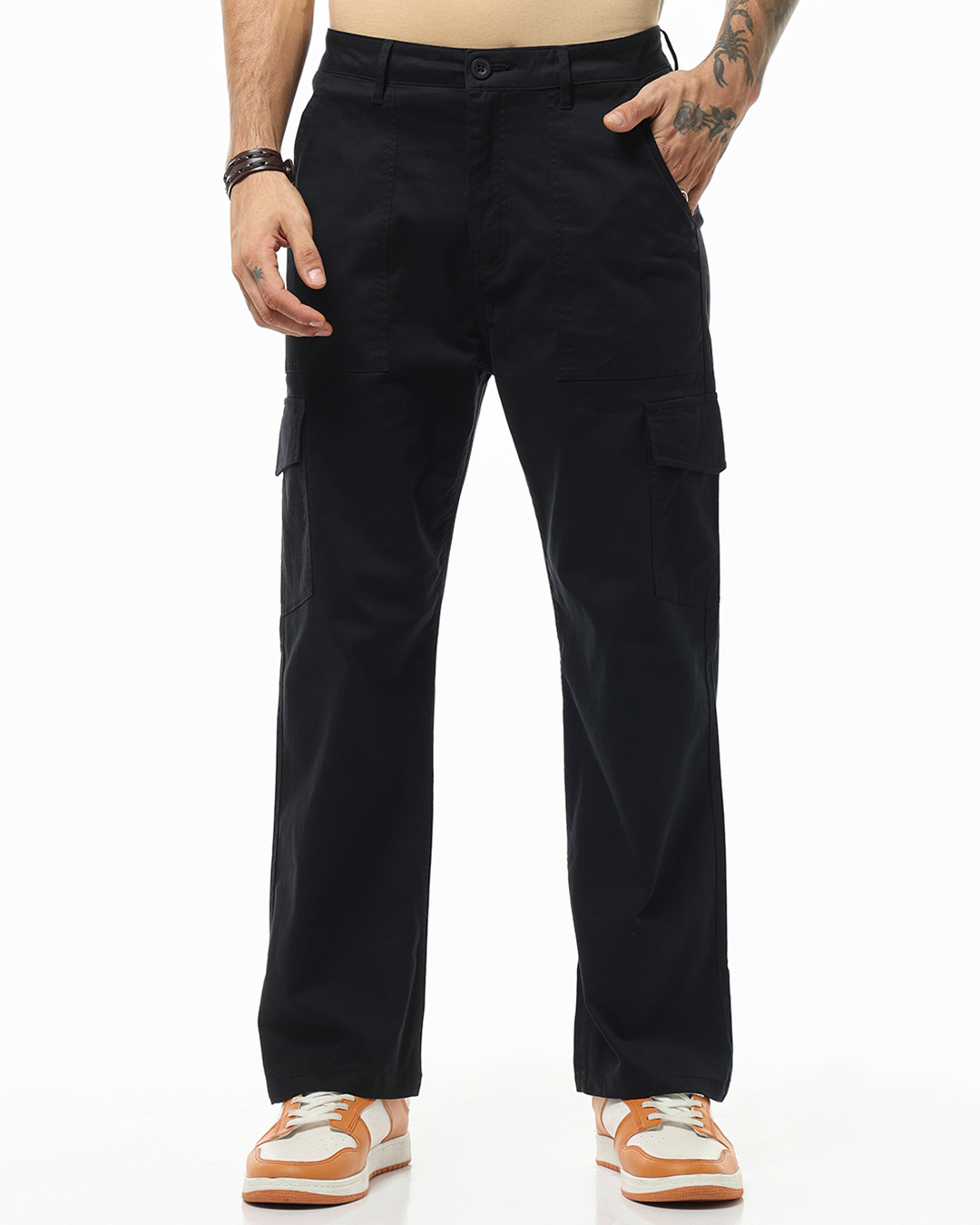 Shop Men's Black Straight Fit Cargo Pants-Back