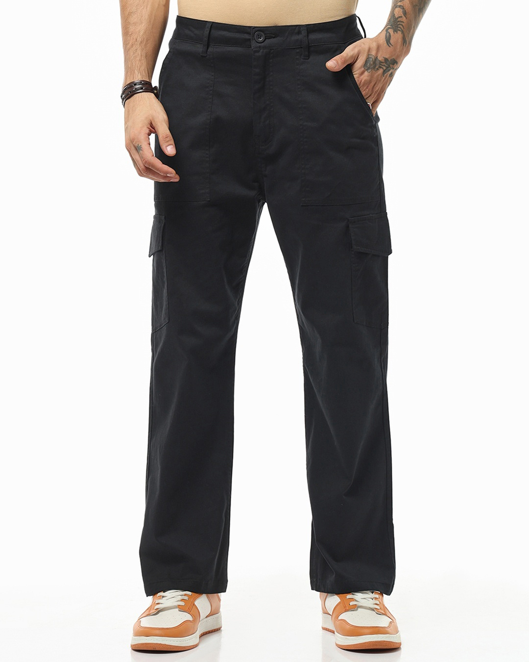Shop Men's Black Straight Fit Cargo Pants-Back