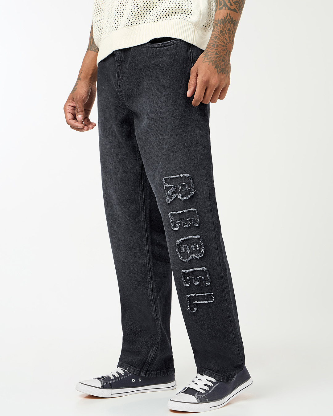 Shop Men's Black Applique Straight Fit Washed Mid-Rise Jeans-Back