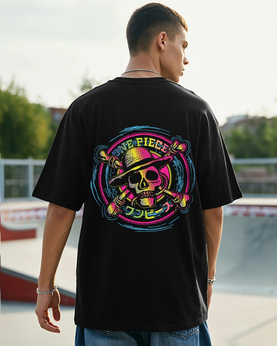 Bewakoof Men's Black One Piece Straw Hat Crew Graphic Printed Oversized T-shirt