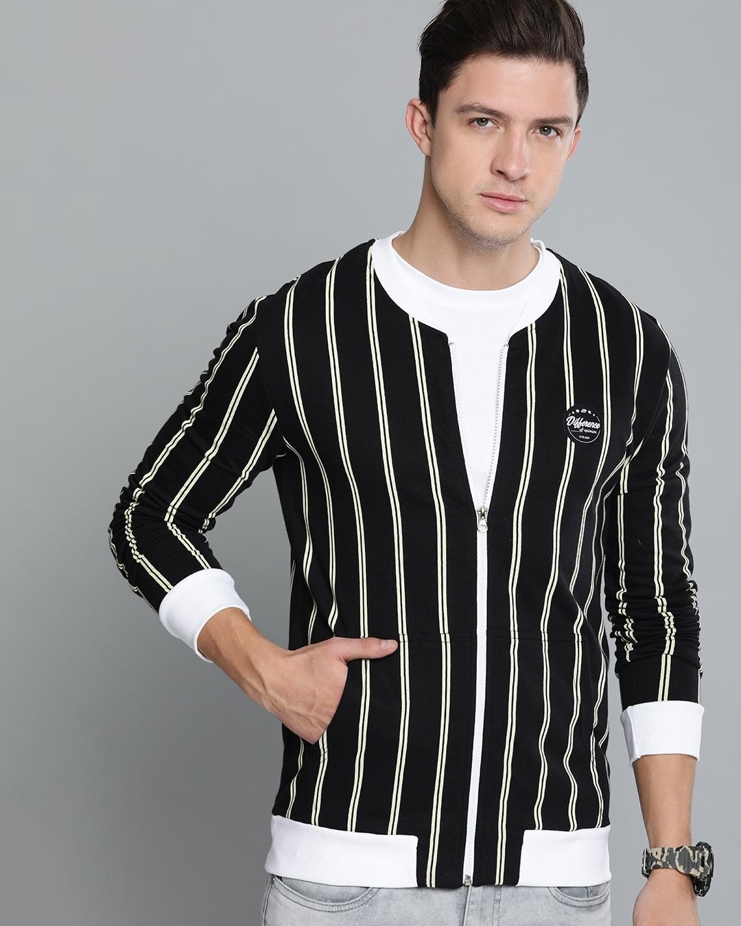 Buy Men's Black Striped Bomber Jacket Online at Bewakoof