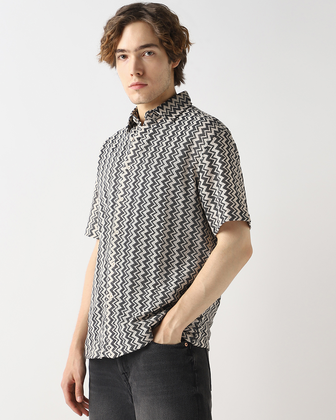 Shop Men's Off White & Black Textured Oversized Shirt-Back