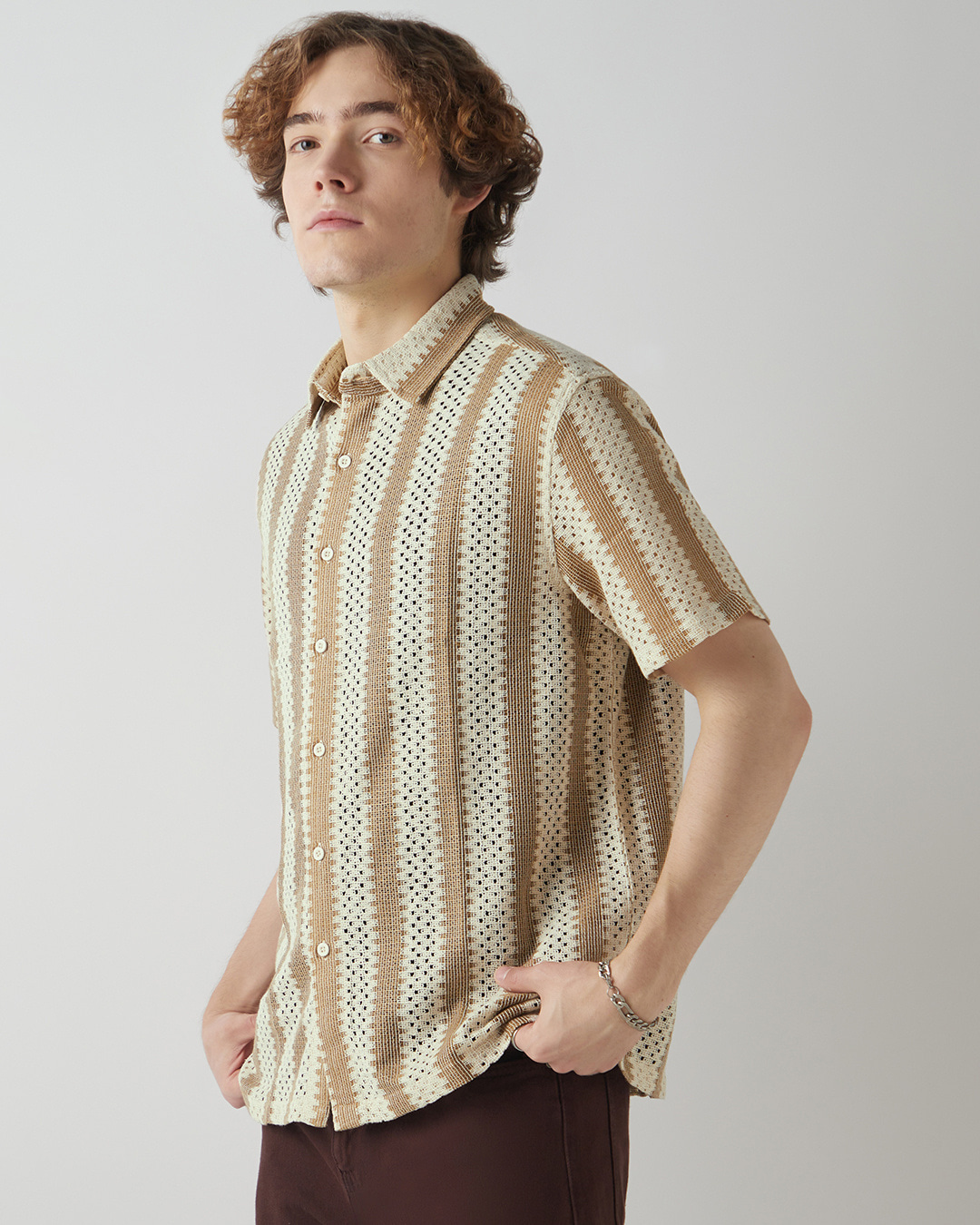 Shop Men's Beige & Brown Textured Oversized Shirt-Back