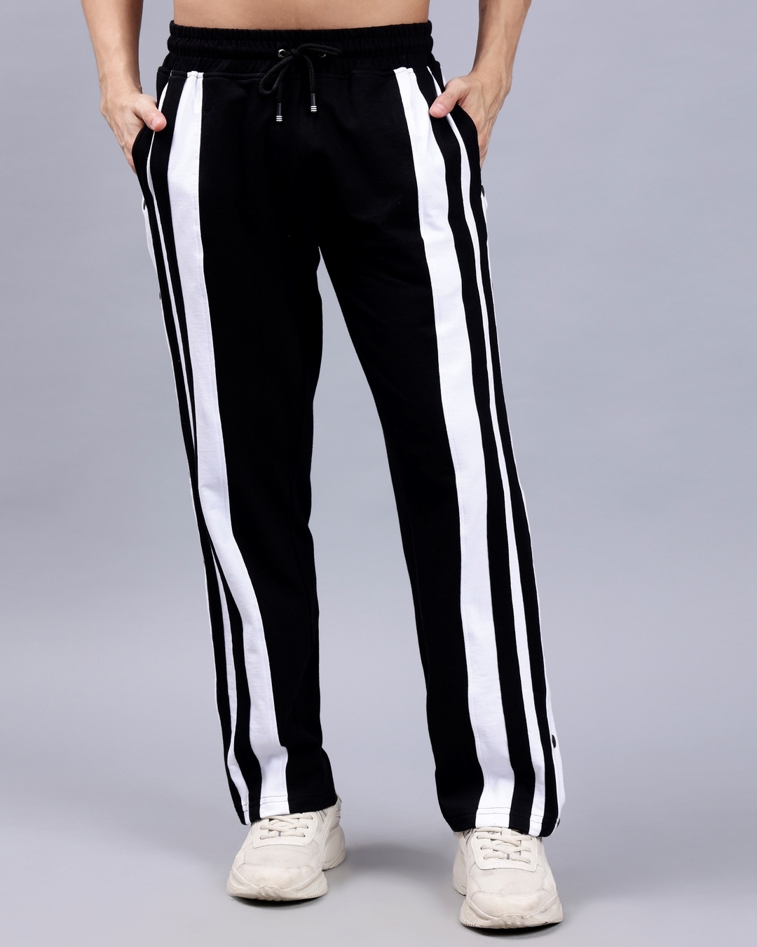Shop Men's Black & White Striped Relaxed Fit Track Pants-Back