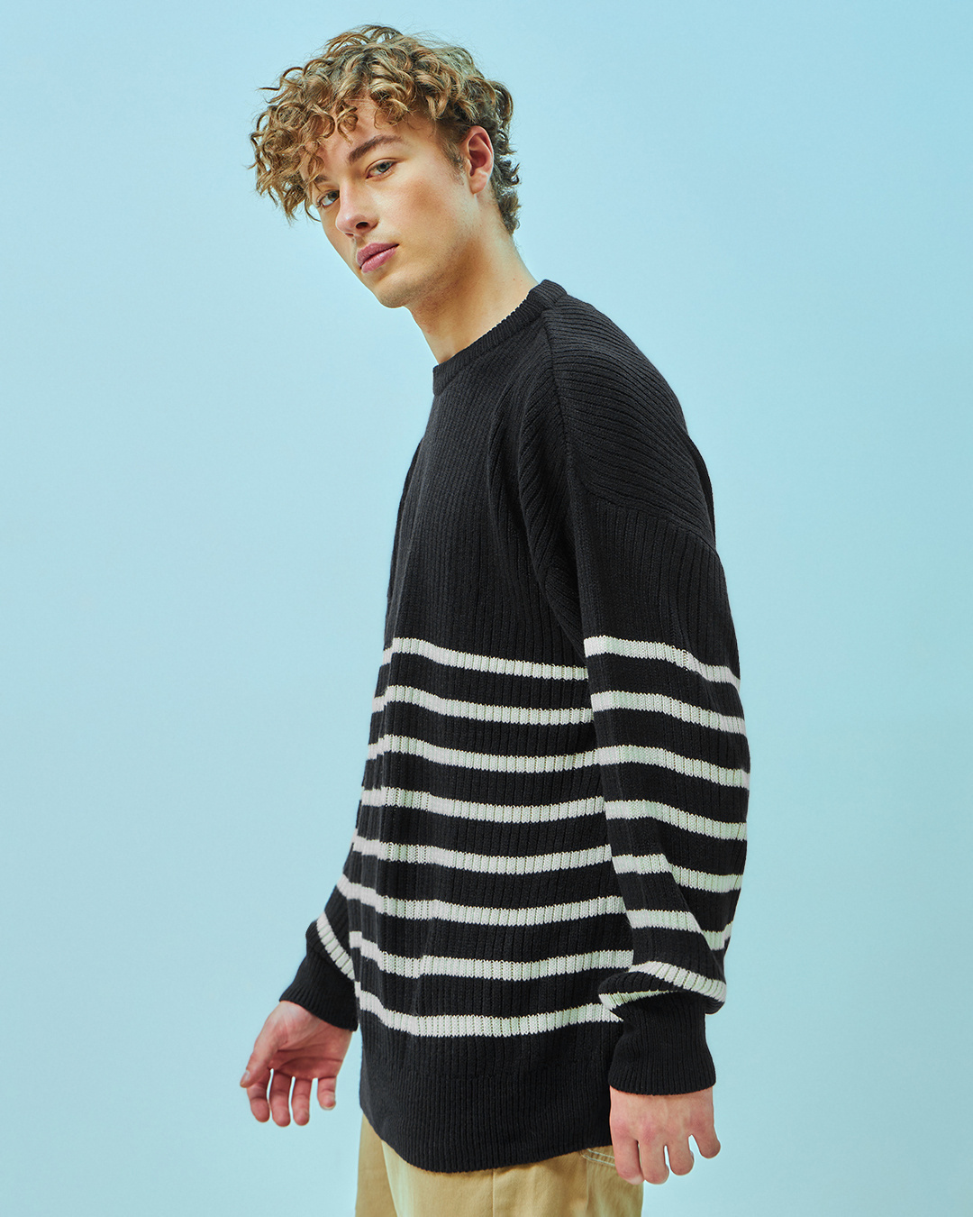 Shop Men's Black Striped Super Loose Fit Flat Knit Sweater-Back