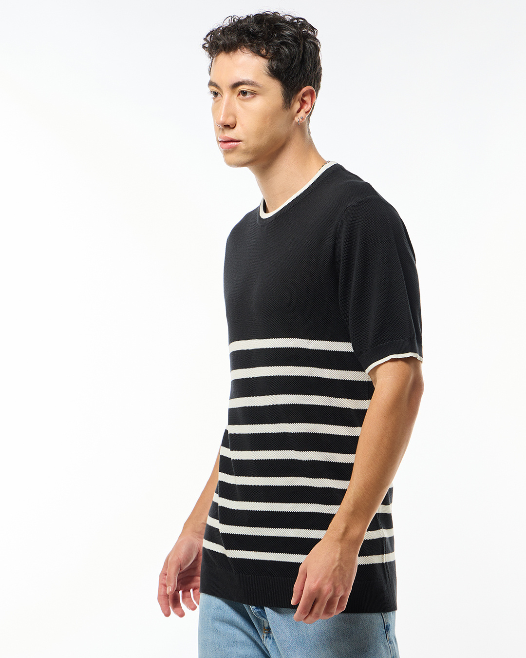 Shop Men's Black Striped Flatknit T-shirt-Back