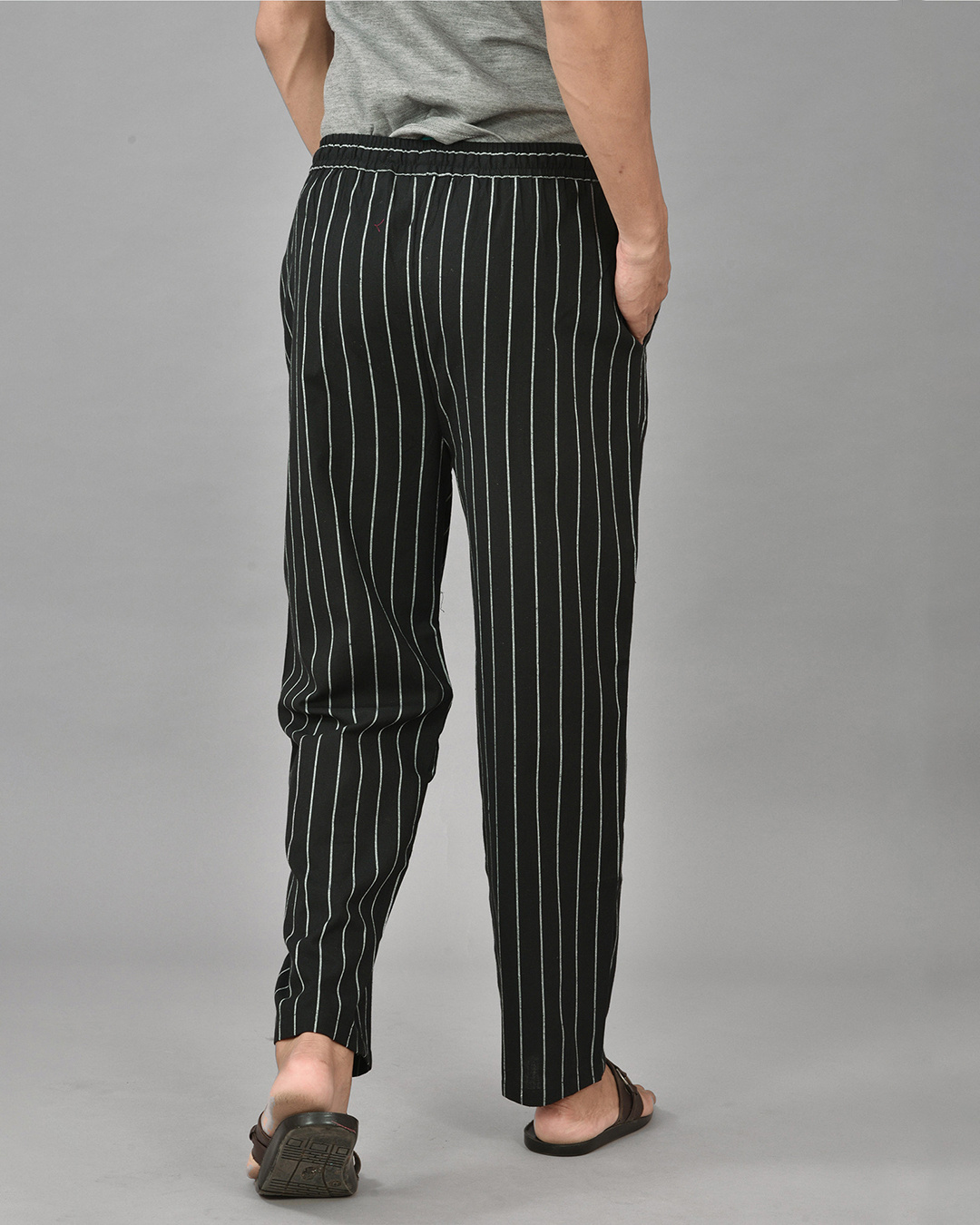Shop Men's Black Striped Casual Pants-Back