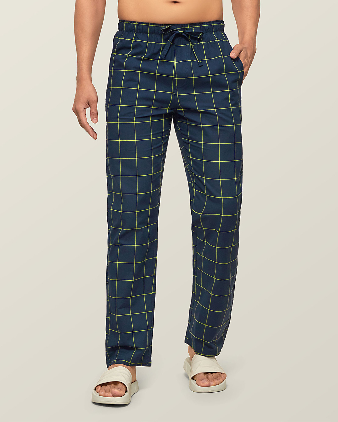 Shop Pack of 2 Men's Black & Blue Super Combed Checkered Pyjamas-Back