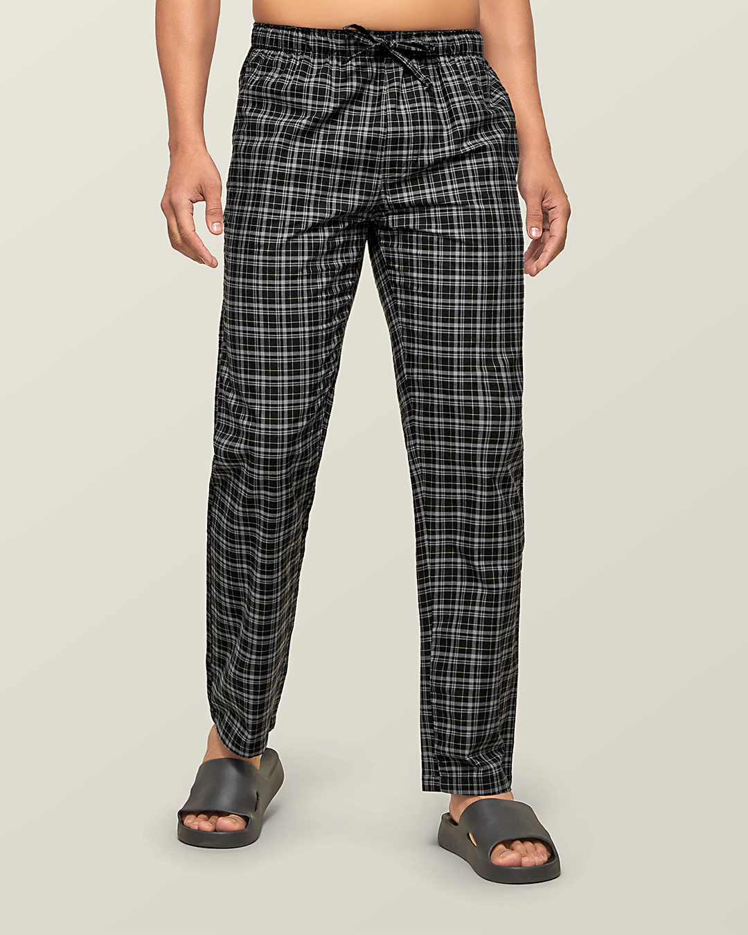 Shop Pack of 2 Men's Grey & Black Super Combed Checkered Pyjamas-Back