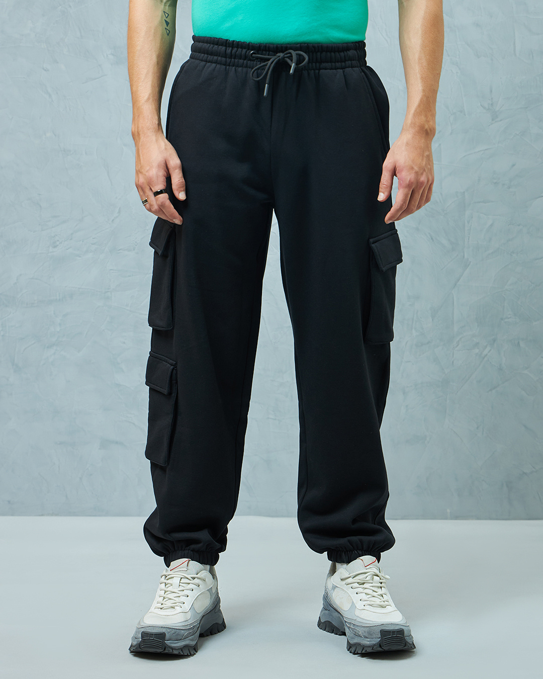 Shop Men's Black Super Loose Fit Brushed Cargo Joggers-Back