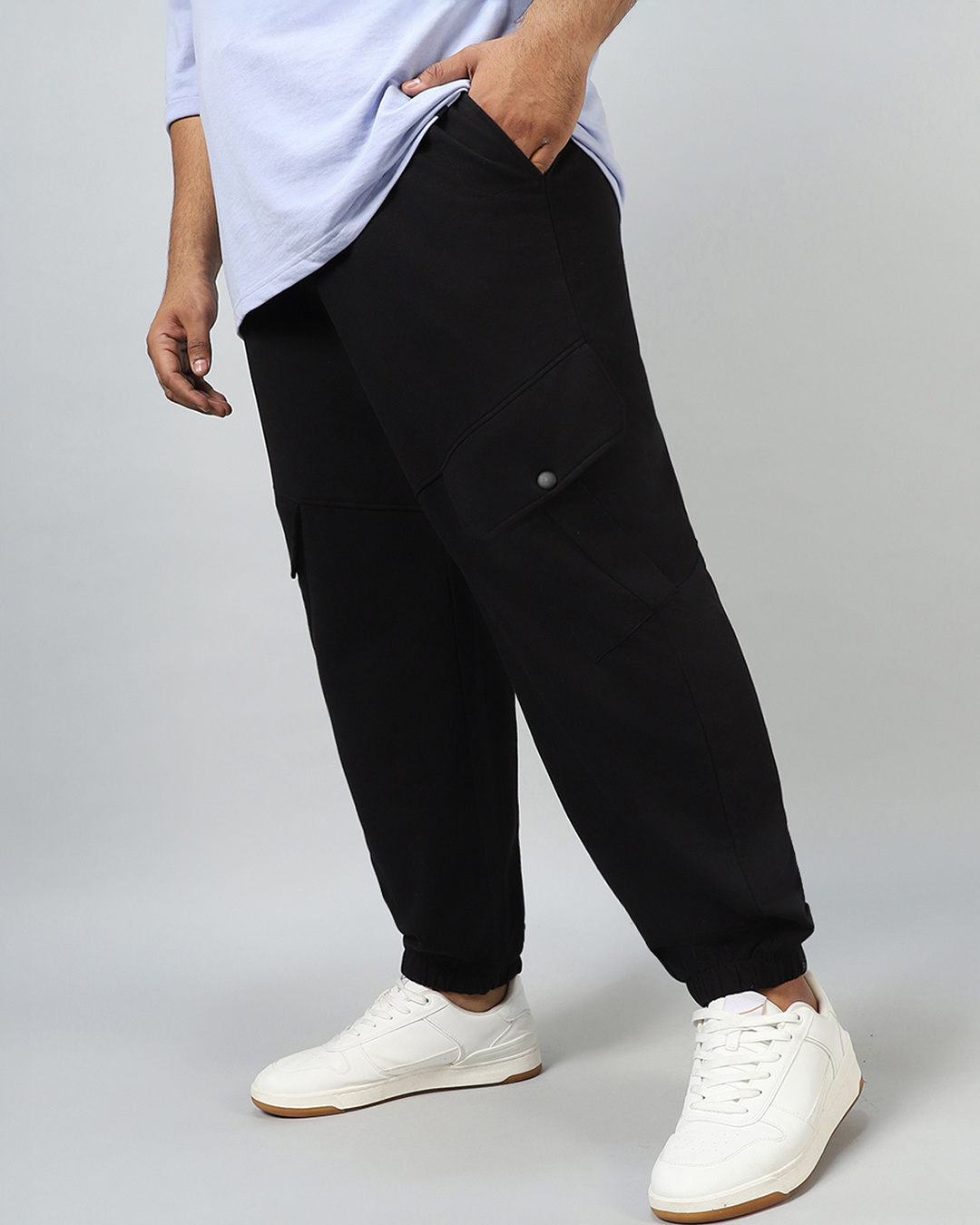 Shop Men's Black Super Loose Fit Plus Size Cargo Warm Joggers-Back