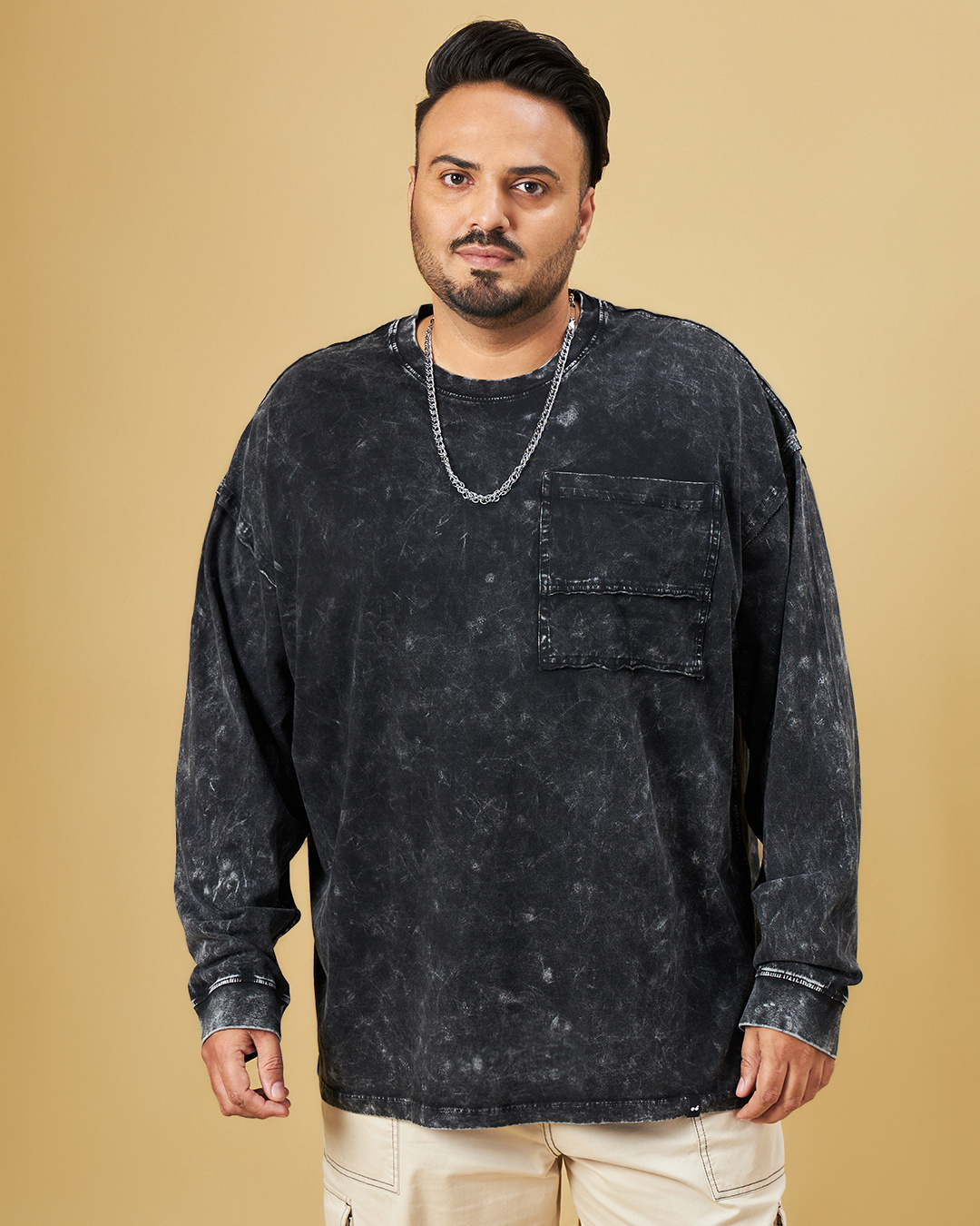 Shop Men's Black Super Loose Fit Acid Wash Plus Size T-shirt-Back