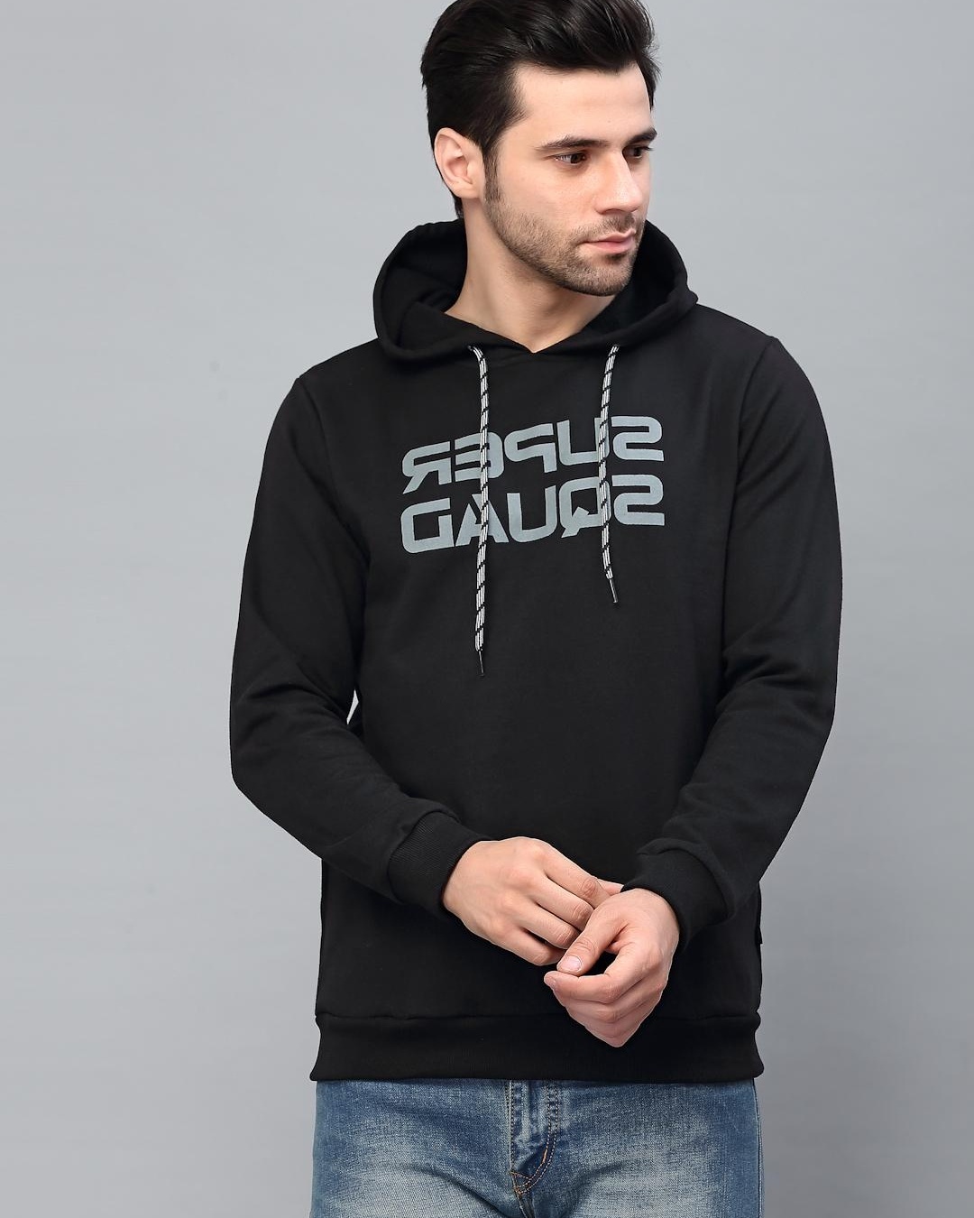 Buy Men's Black Super Squad Typography Slim Fit Hooded Sweatshirt ...