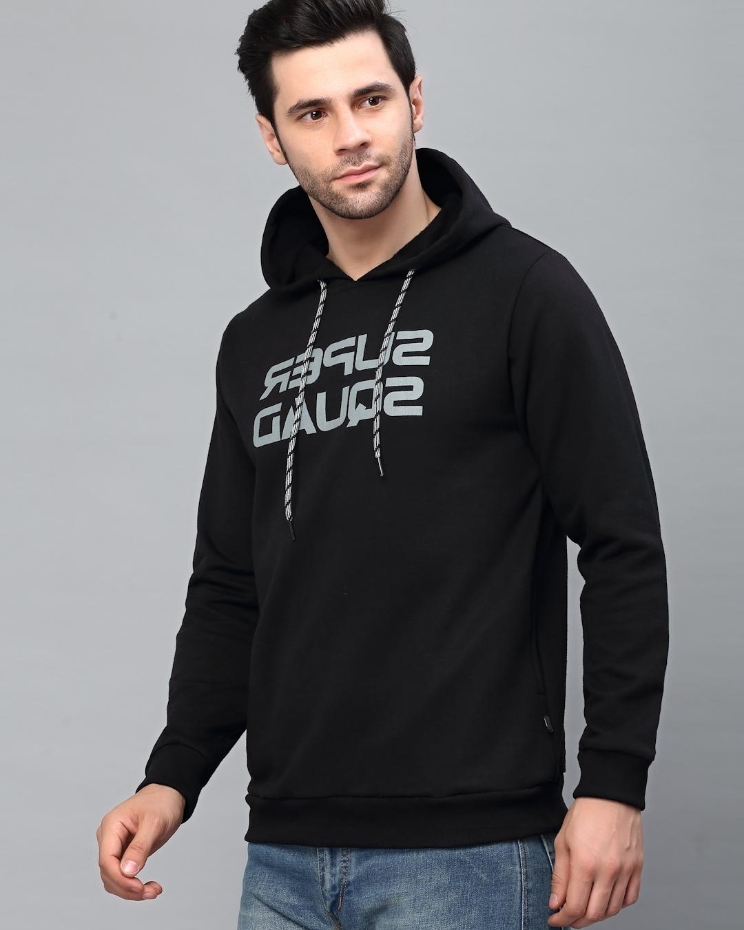 Shop Men's Black Super Squad Typography Slim Fit Hooded Sweatshirt-Back