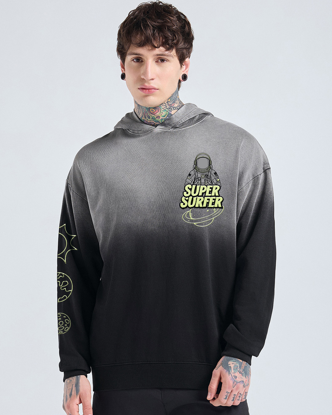 Shop Men's Black Super Surfer Ombre Graphic Printed Oversized Hoodies-Back