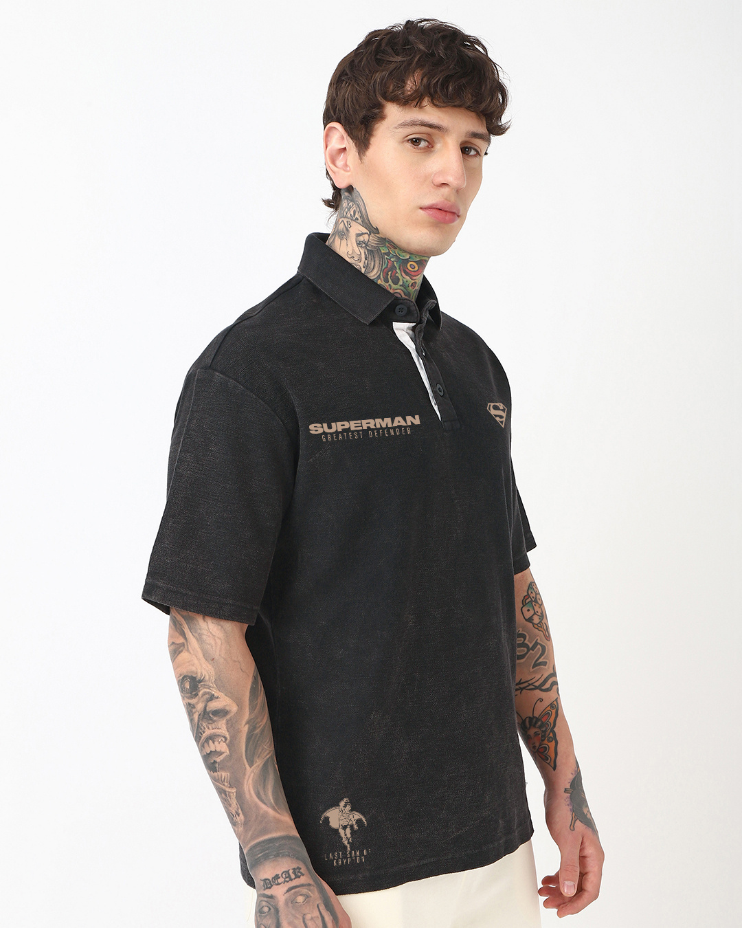 Shop Men's Black Superman Graphic Printed Oversized Acid Wash Polo T-shirt-Back