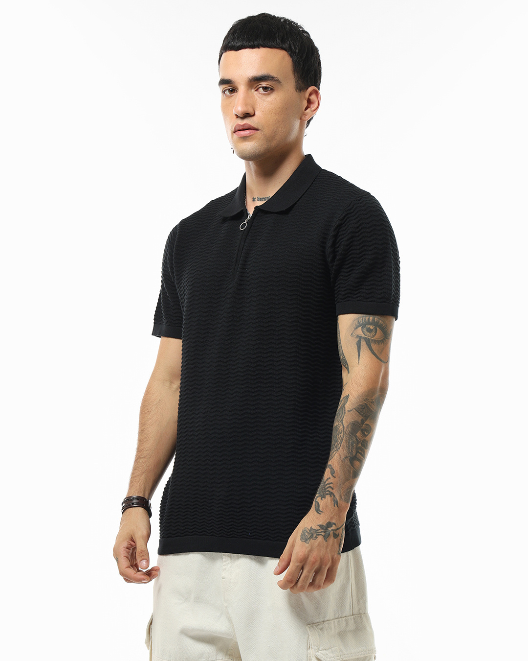 Shop Men's Black Textured Flatknit Polo T-shirt-Back