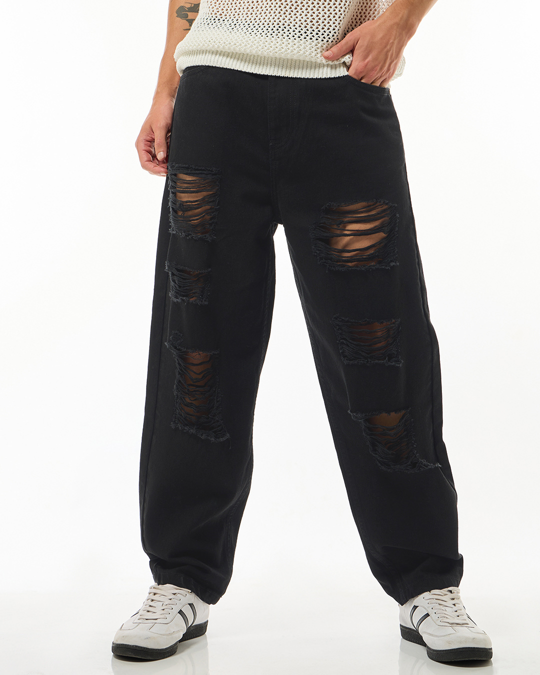 Shop Men's Black Tapered Fit Distressed Jeans-Back