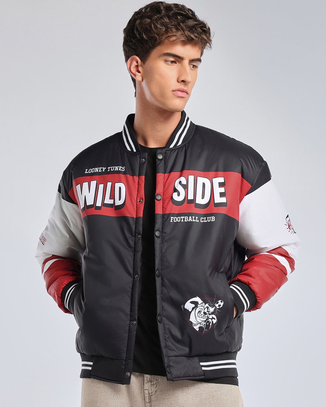 Shop Men's Black Tasmanian Devil Graphic Printed Oversized Bomber Jacket-Back