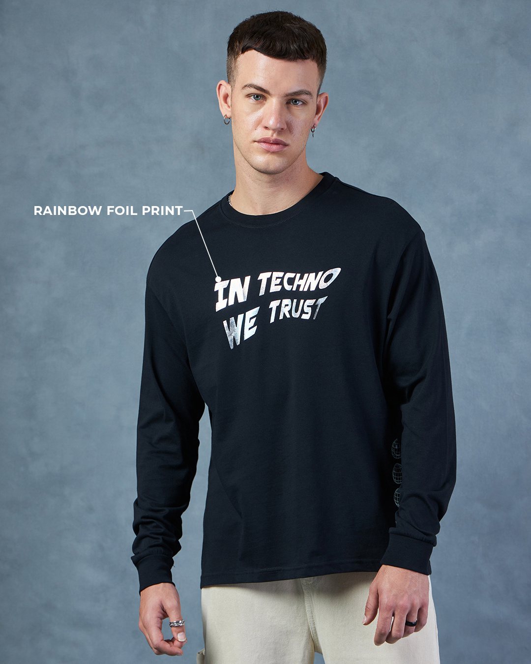 Shop Men's Black Techno Rave Graphic Printed Oversized T-shirt-Back