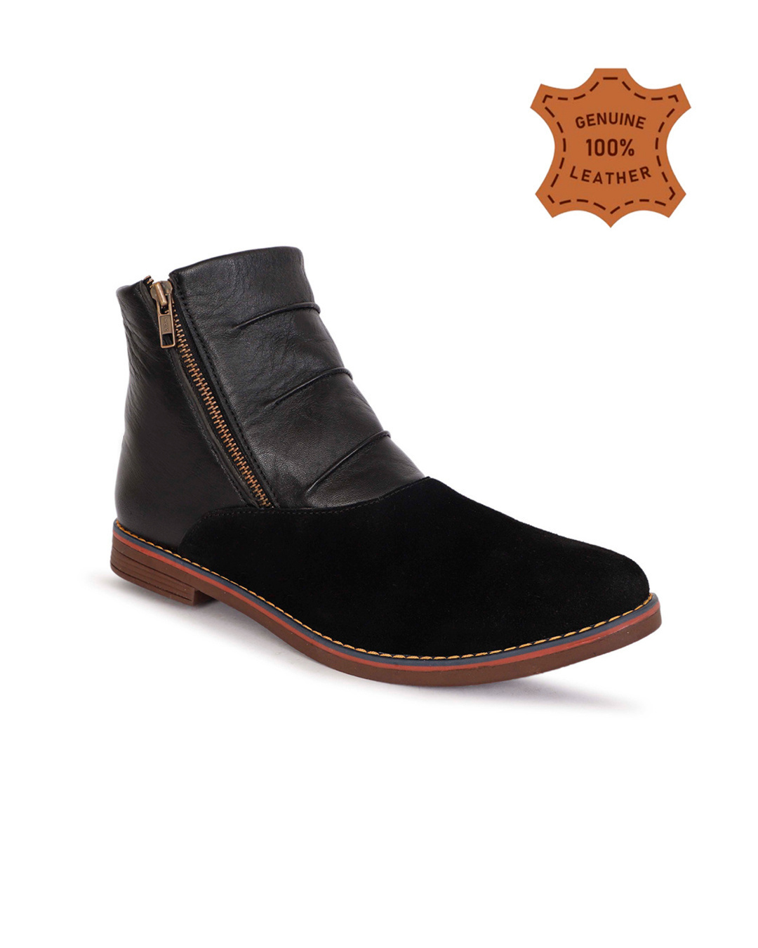 Shop Men's Black Textured Leather Flat Boots-Back