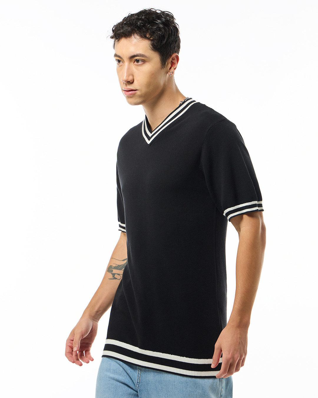 Shop Men's Black Textured Flatknit T-shirt-Back