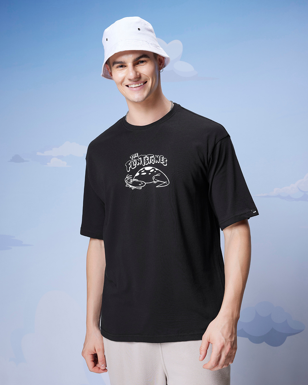 Shop Men's Black The Flintstones Graphic Printed Oversized T-shirt-Back