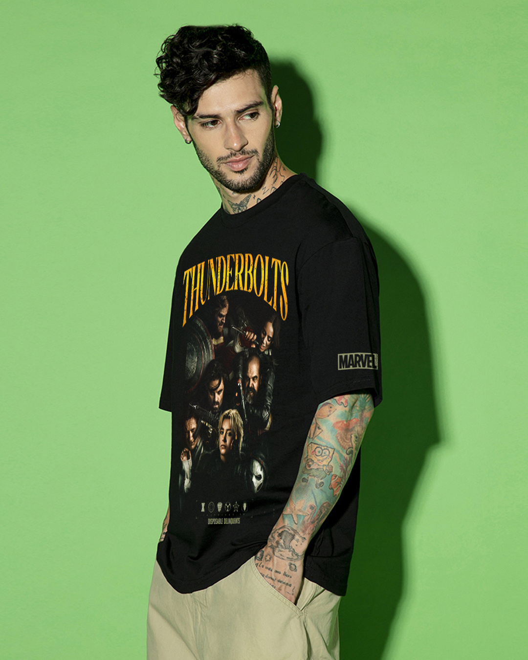 Shop Men's Black Thunderbolts Graphic Printed Oversized T-shirt-Back