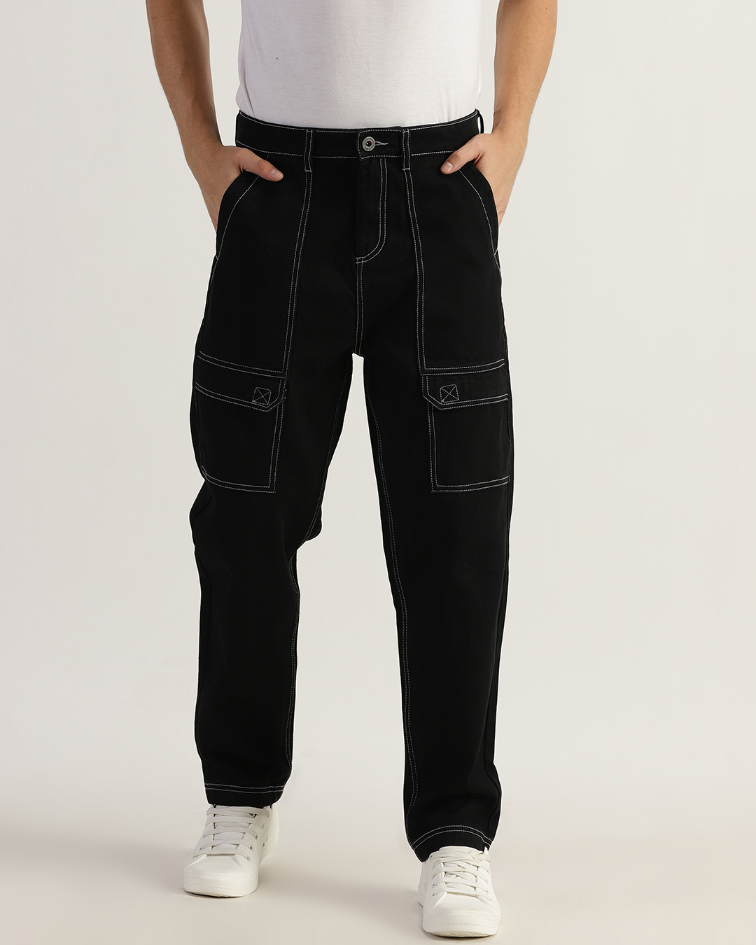 Buy Men's Black Overstiched Cargo Jeans Online at Bewakoof