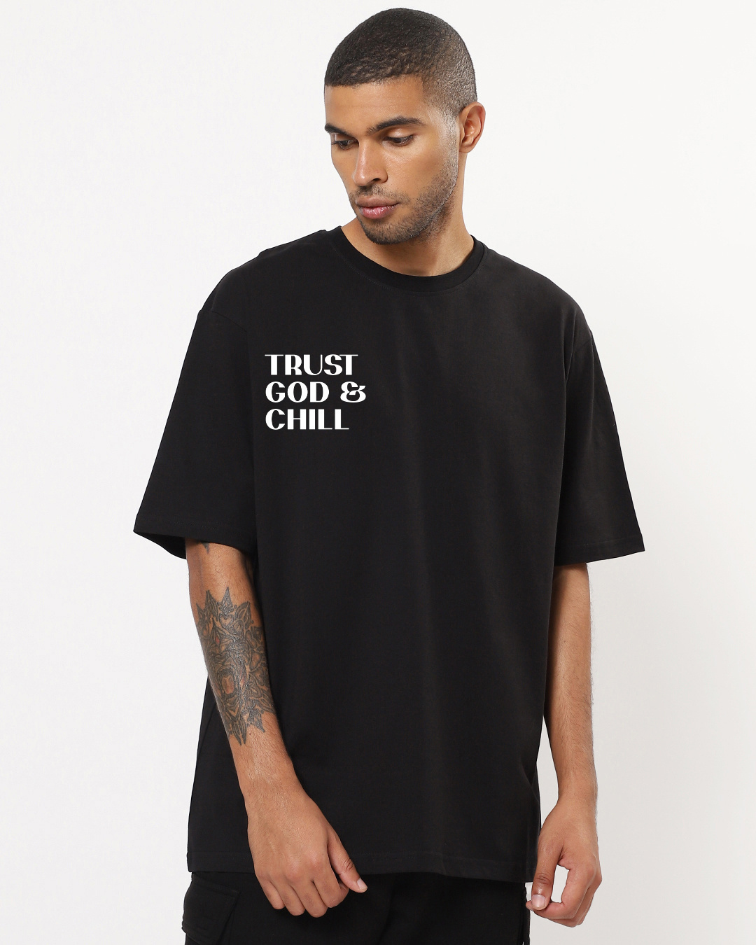 Buy Men's Black Trust God & Chill Typography Oversized T-shirt Online ...