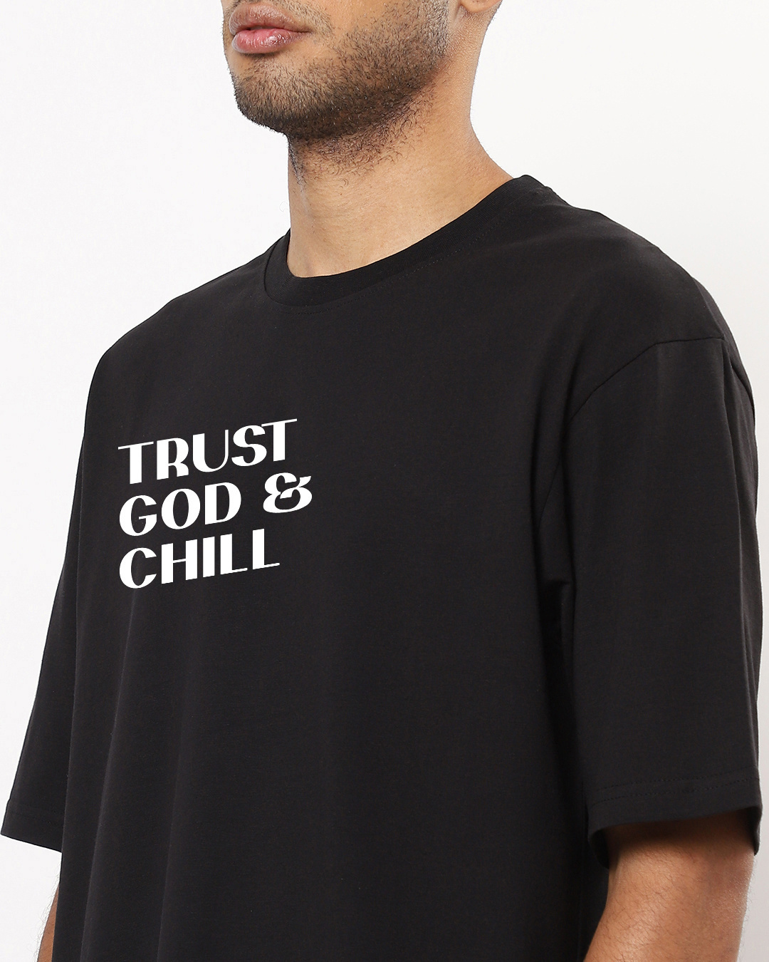 Shop Men's Black Trust God & Chill Typography Oversized T-shirt-Back
