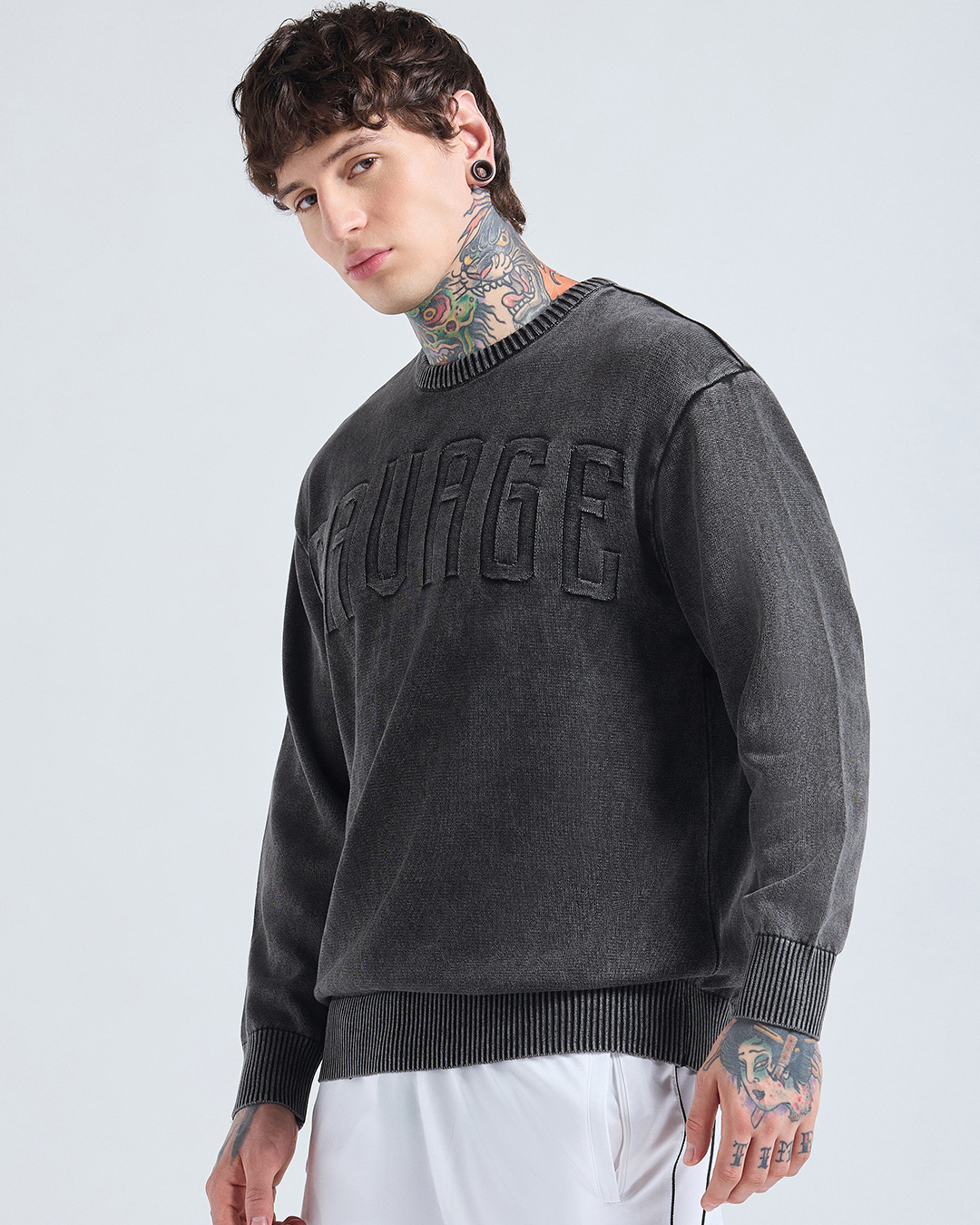 Shop Men's Black Typography Oversized Acid Wash Sweater-Back