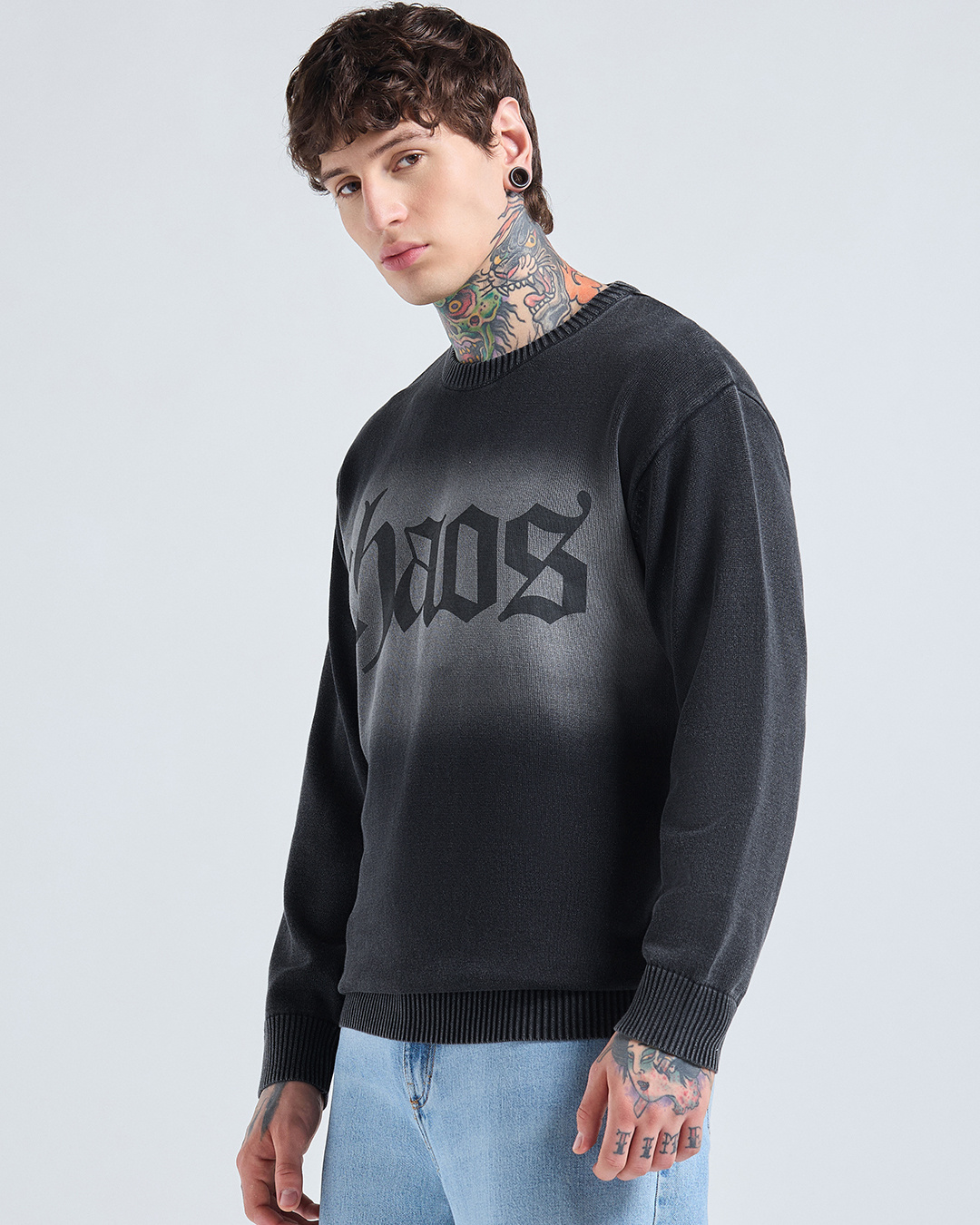 Shop Men's Black Typography Oversized Acid Wash Sweater-Back