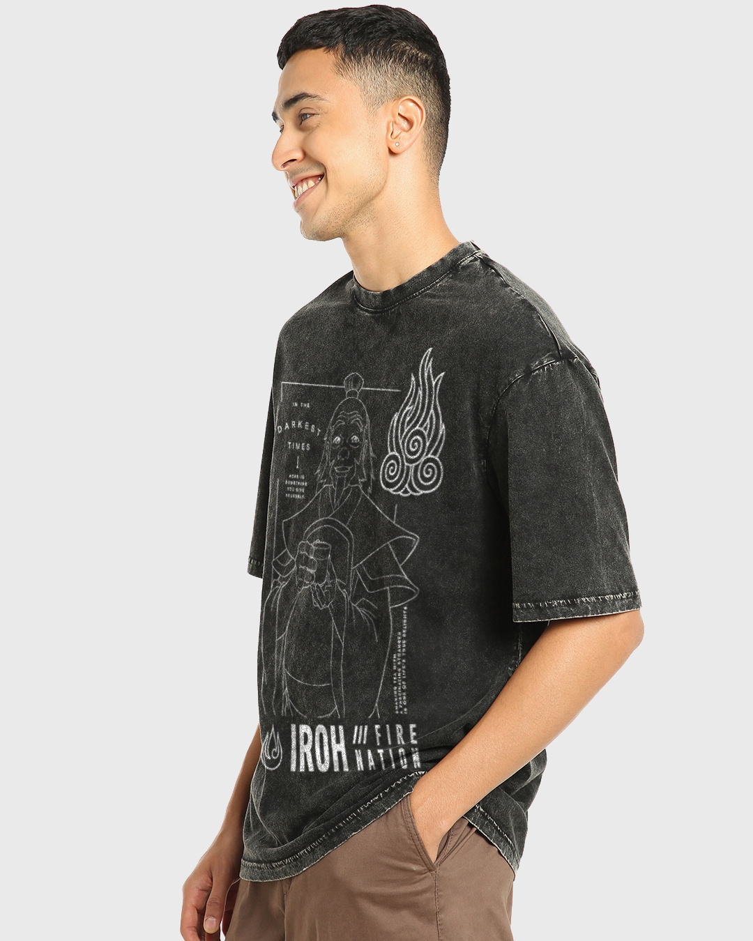Shop Men's Black Uncle Iroh Graphic Printed Oversized Acid Wash T-shirt-Back