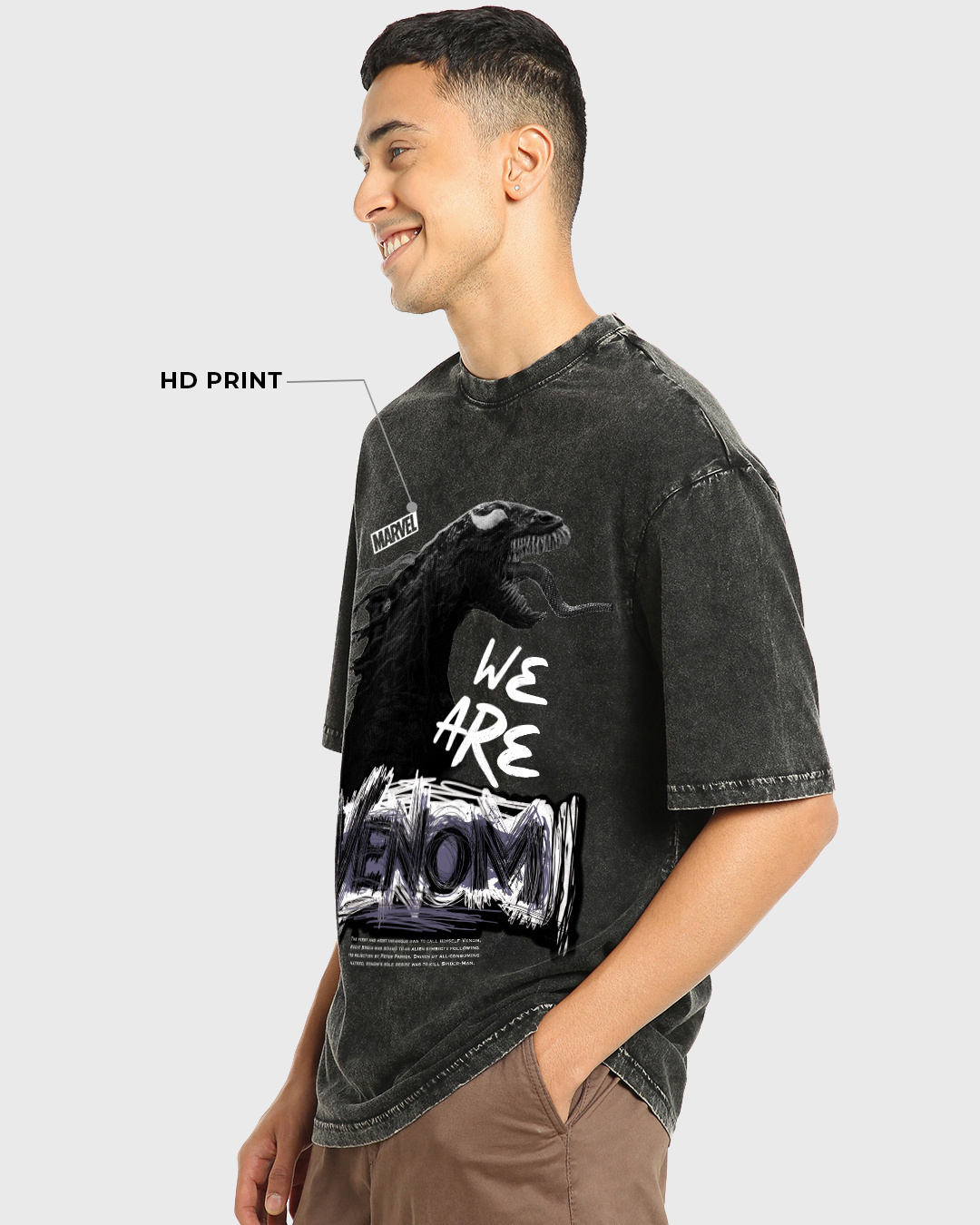 Shop Men's Black Venom Graphic Printed Oversized Acid Wash T-shirt-Back