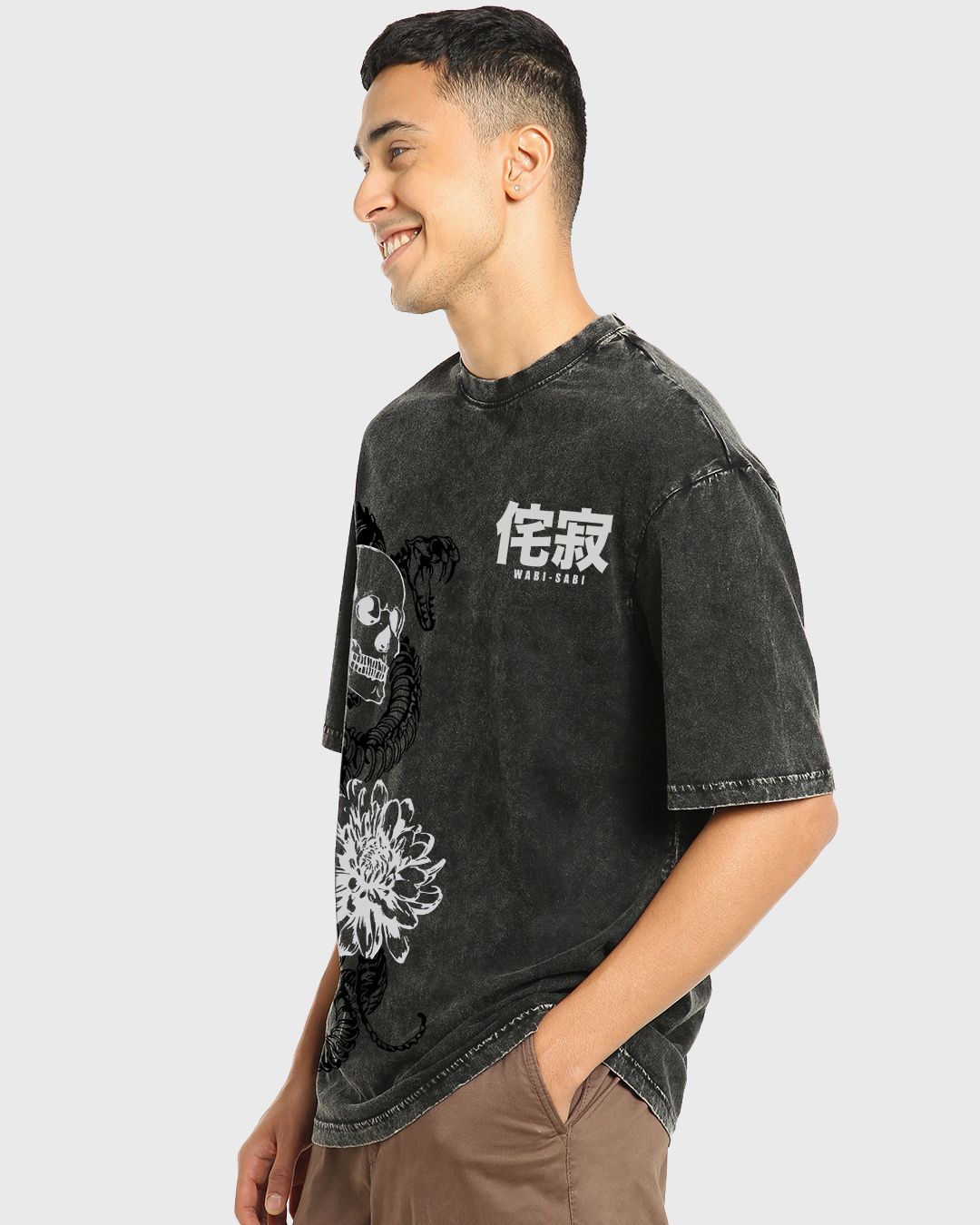 Shop Men's Black Wabsisabi Graphic Printed Oversized Acid Wash T-shirt-Back