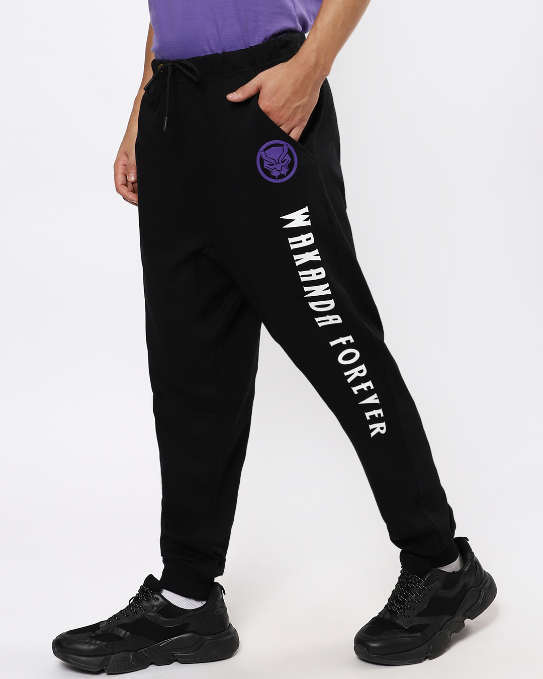 Shop Men's Black Wakanda Forever Typography Relaxed Fit Joggers-Back