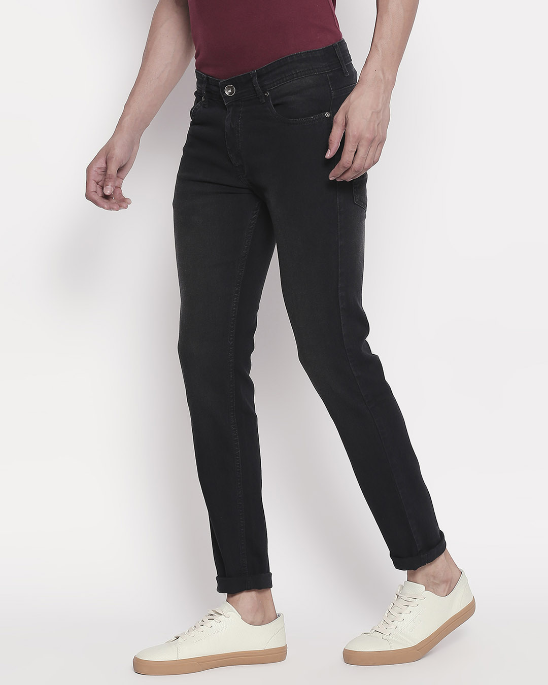 Shop Men's Black Washed Slim Fit Mid Rise Jeans-Back