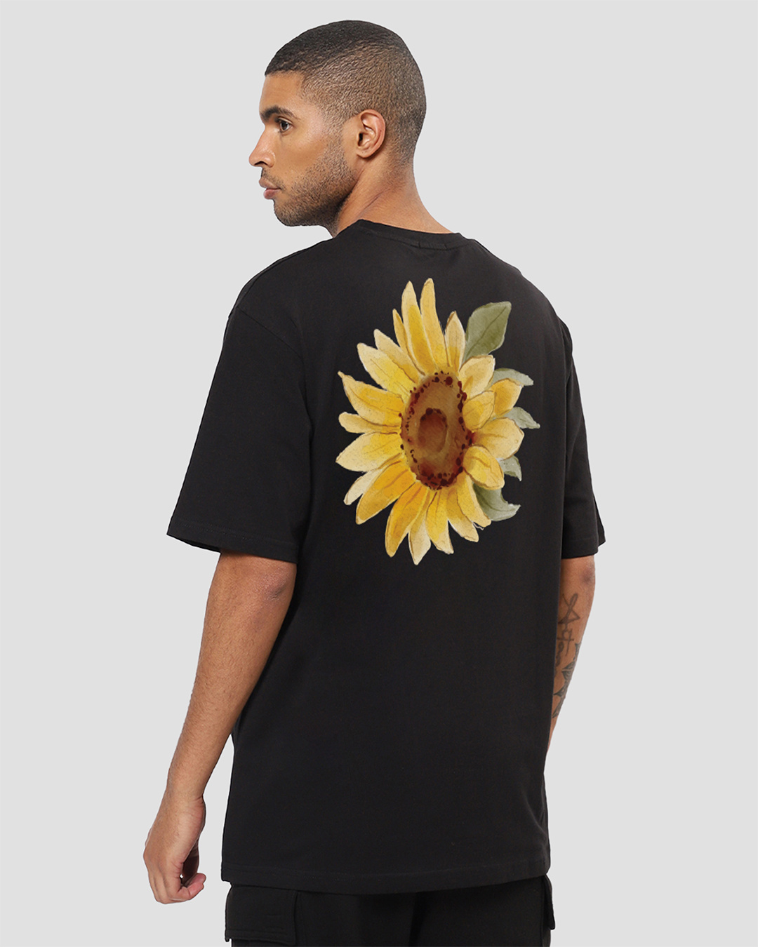 Buy Men's Black Waterpatch Sunflower Graphic Printed Oversized T 