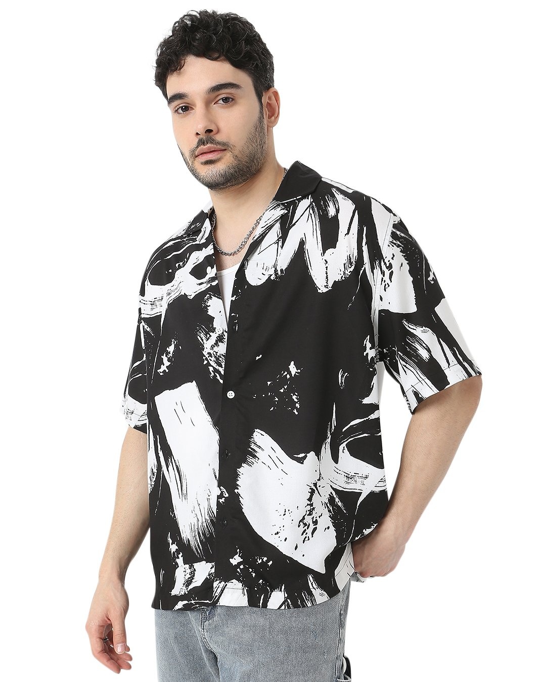 Shop Men's Black & White Abstract Printed Relaxed Fit Shirt-Back