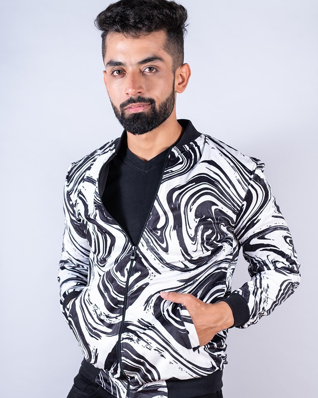 Shop Men's Black & White Abstract Printed Relaxed Fit Velvet Jacket-Back