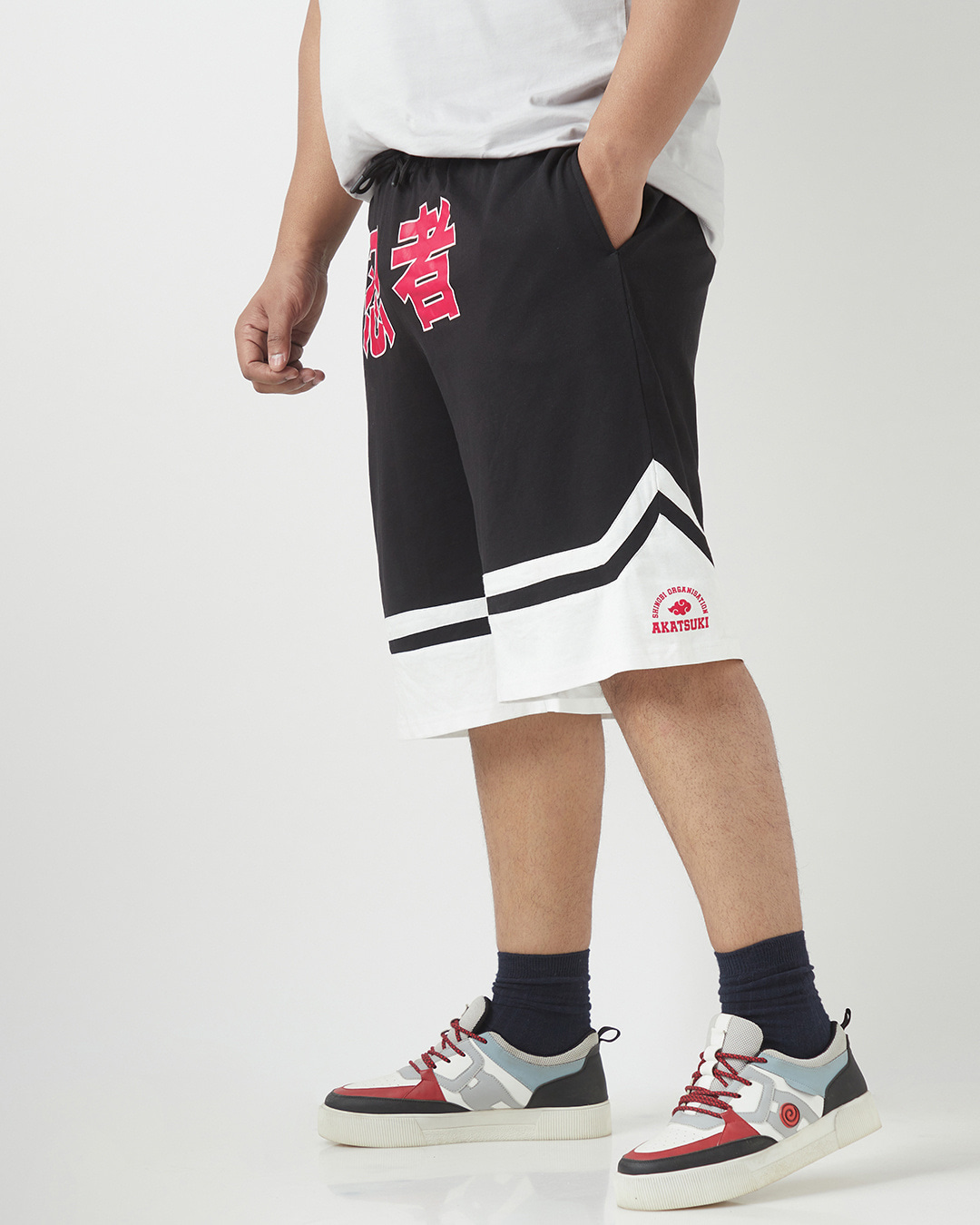 Shop Men's Black & White Akatsuki Typography Oversized Plus Size Varsity Shorts-Back