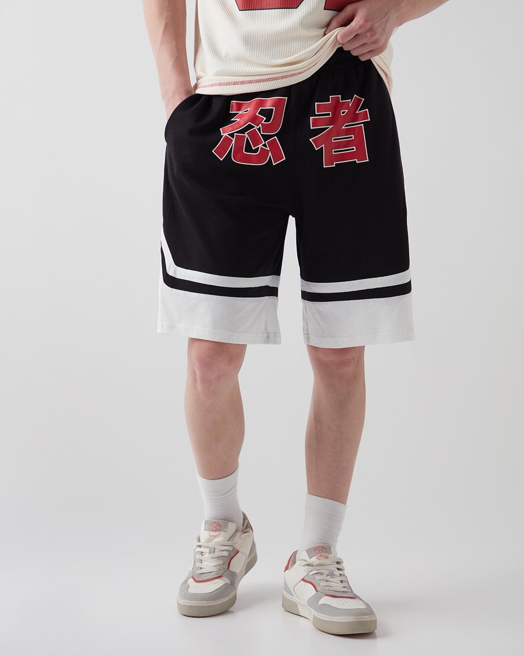 Shop Men's Black & White Akatsuki Typography Oversized Varsity Shorts-Back