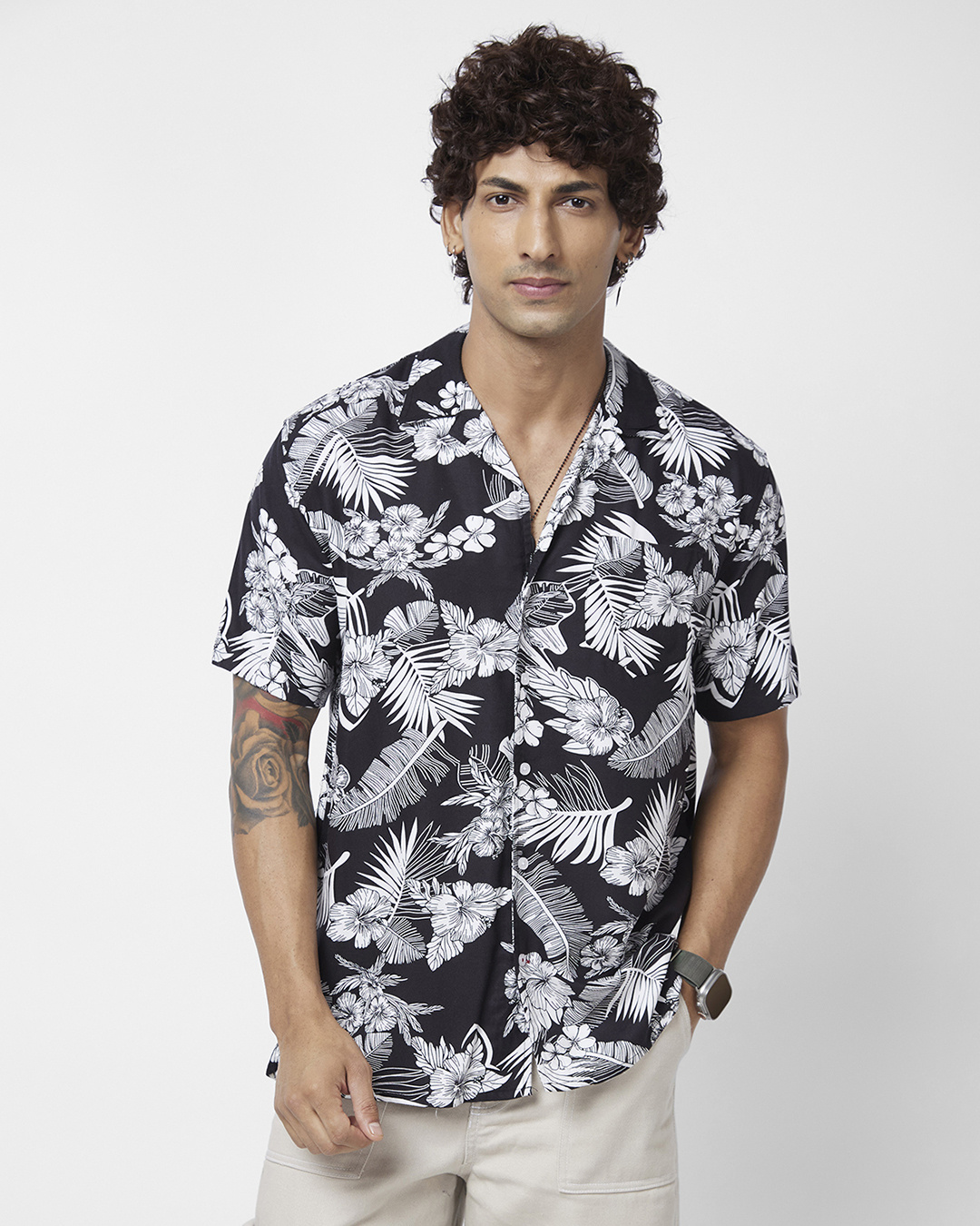 Women's Olive Green & Black Abstract Wavy Printed Oversized Shirt