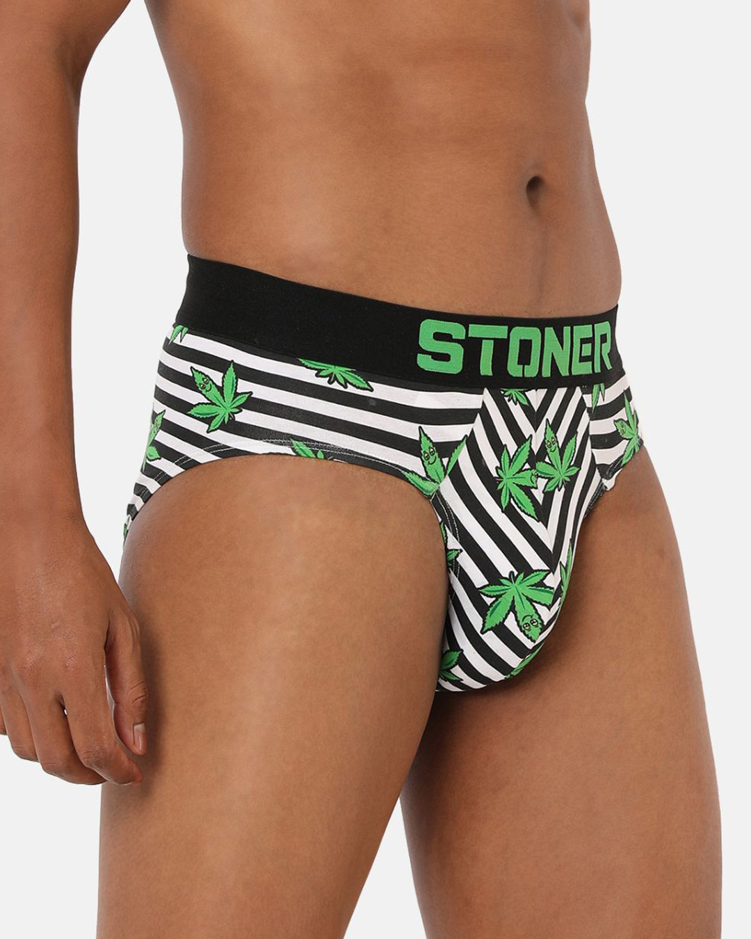 Shop Men's Black & White All Over Leaves Printed Striped Cotton Briefs-Back