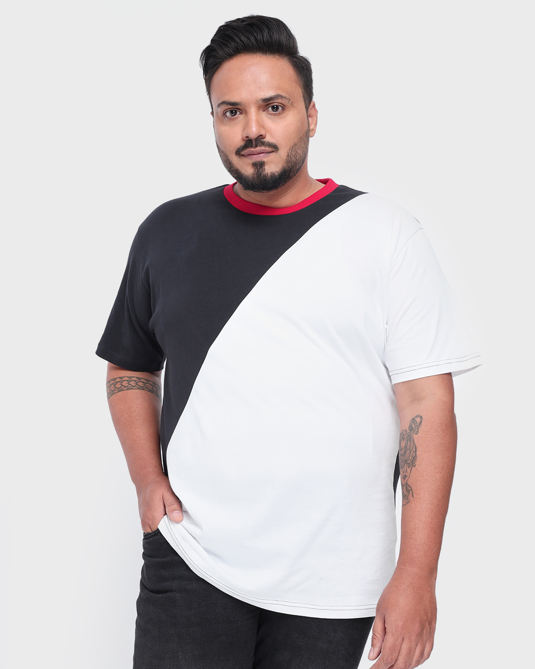 Buy Men's Black & White Color Block Plus Size T-shirt Online at Bewakoof