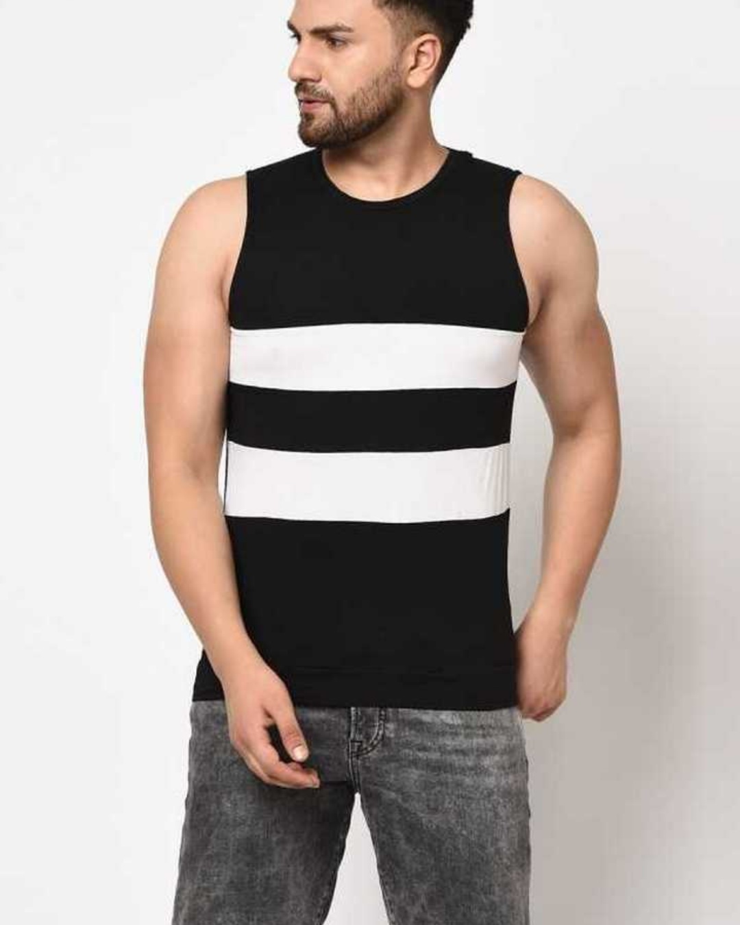 Shop Men's Black & White Color Block Slim Fit Vest-Back
