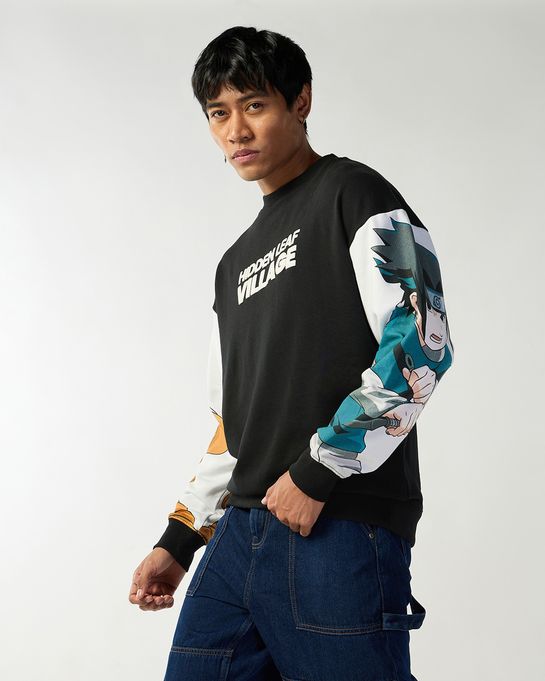 Shop Men's Black & White Graphic Printed Oversized Sweatshirt-Back