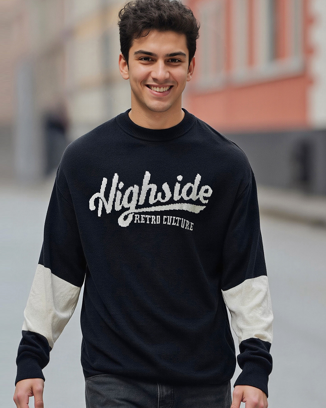 Men's Typography Off White Ribbed Round Neck Sweater