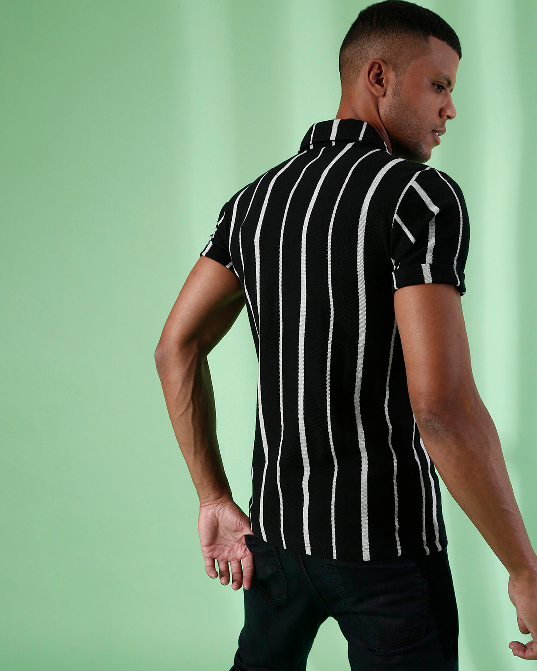 Shop Men's Black & White Striped Regular Fit Shirt-Back